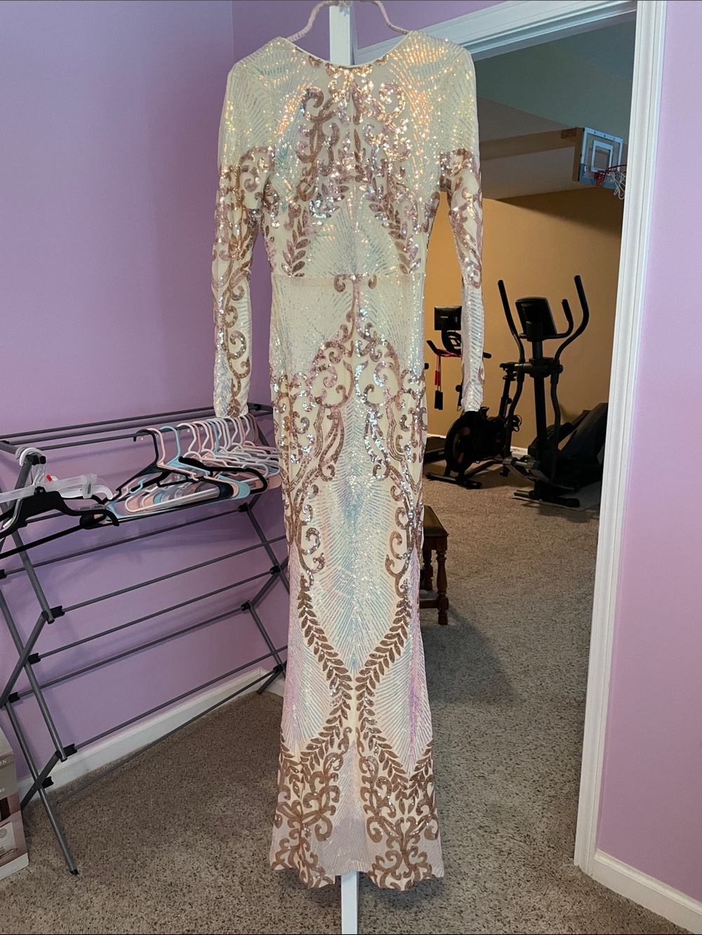 Ivory Sequin Long Sleeve Evening Dress with Rose Gold Embellishment